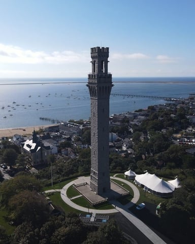 Pilgrim Monument aerial view over Provincetown harbor
